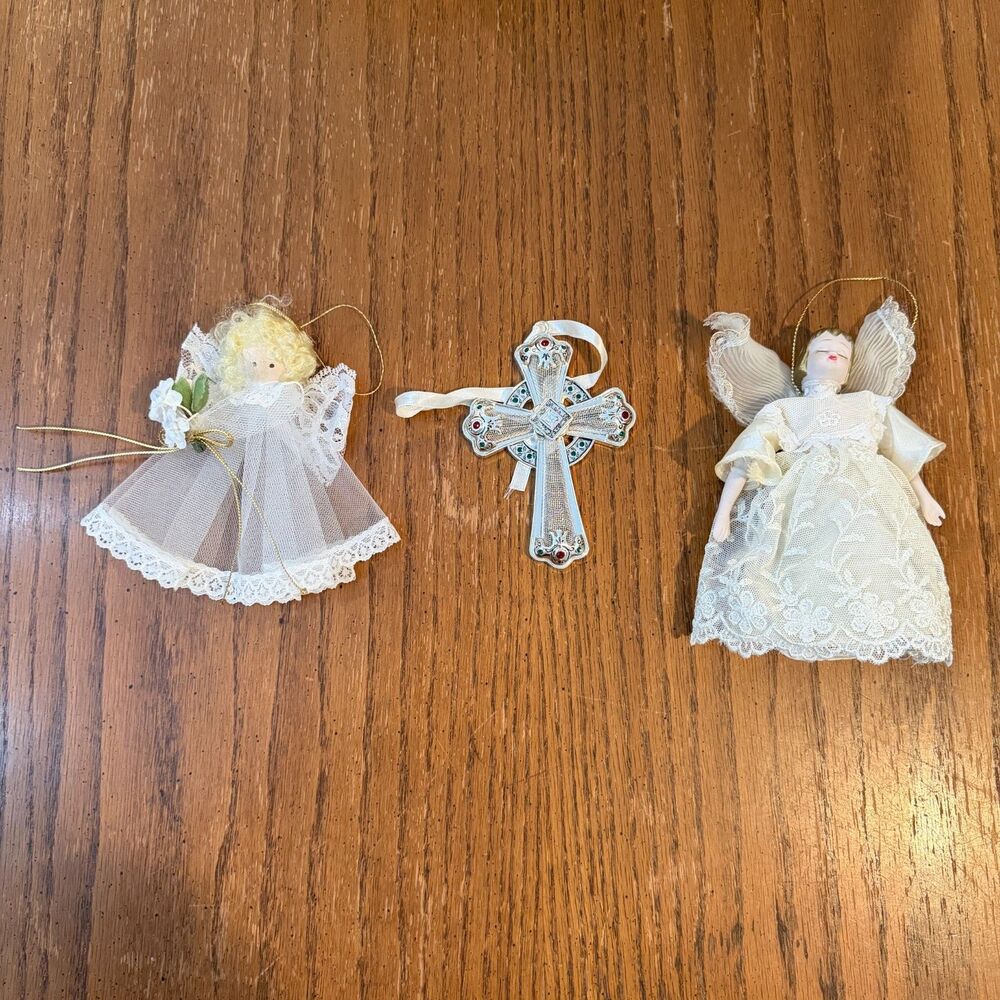 Vintage Christmas Angel Ornaments Religious Cross Lace Porcelain Lot of 3